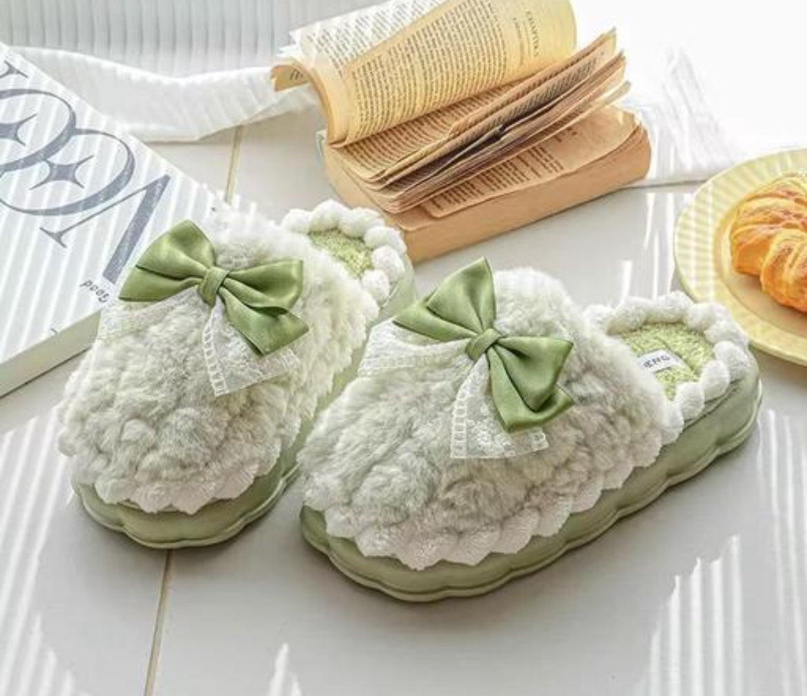 Fluffy Cream and Green Bow Slippers