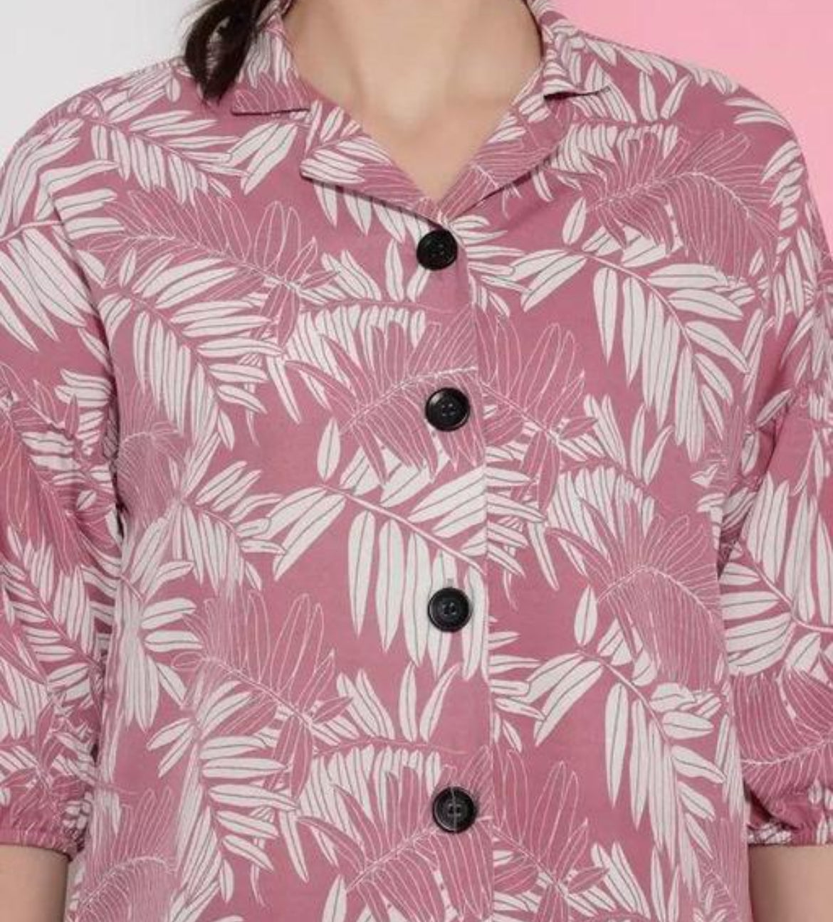 Pink and White Leaf Print Cropped Shirt