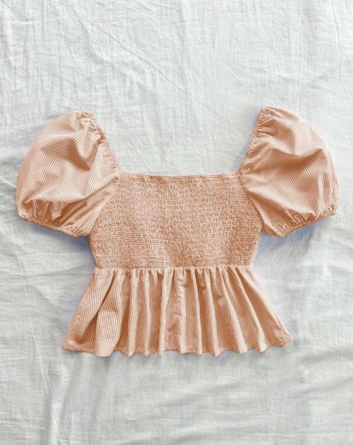 Peach Pinstripe Puff Sleeve Peplum Top with Bow Detail