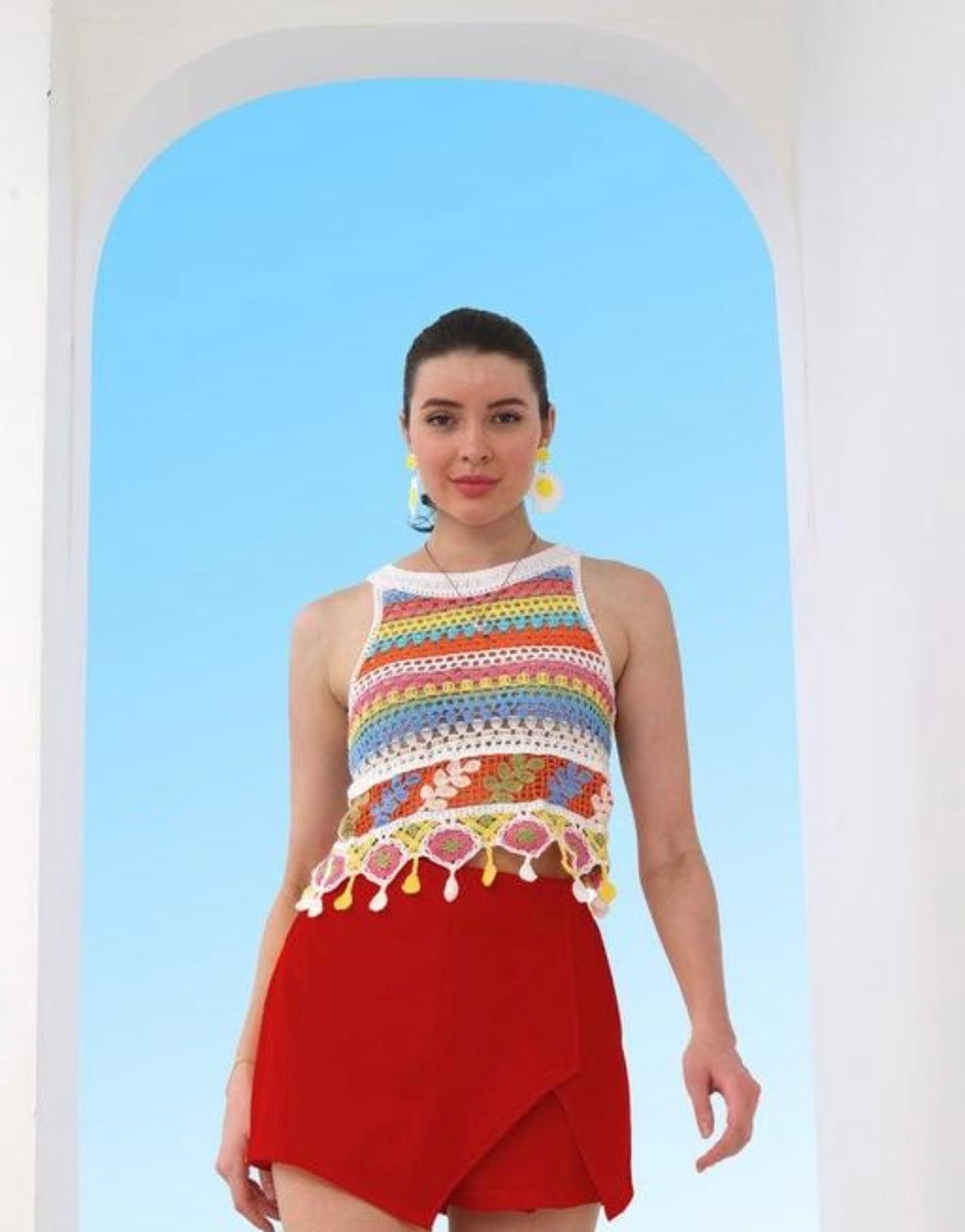 Striped Multicolor Crochet Crop Top with Tassel Hem