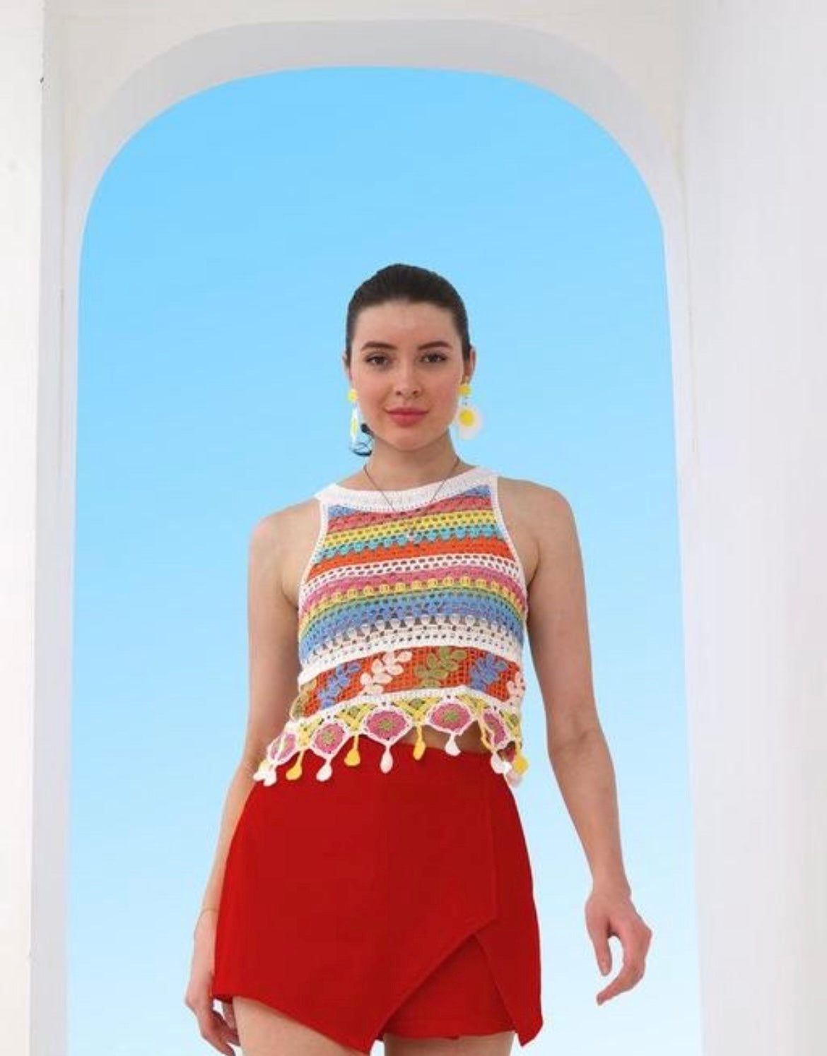 Striped Multicolor Crochet Crop Top with Tassel Hem