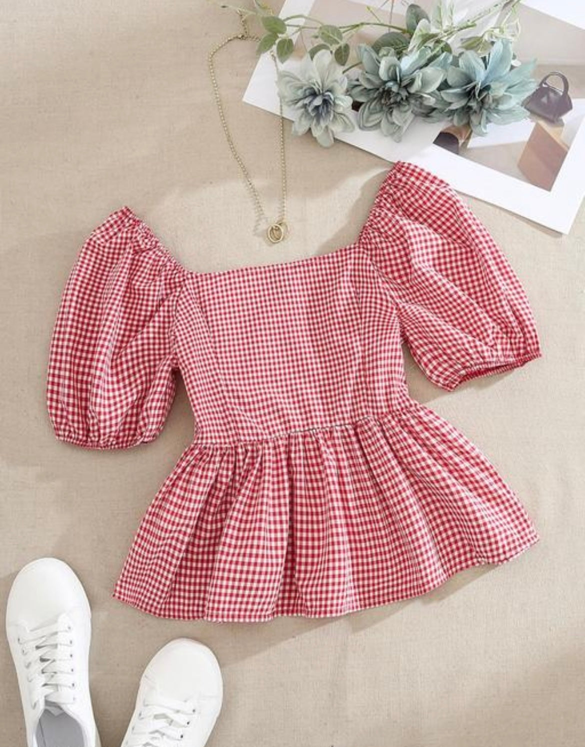 Red Gingham Puff Sleeve Cotton Peplum Top