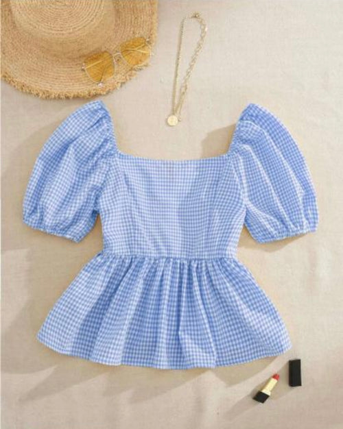 Blue Gingham Cotton Peplum Top with Puff Sleeves