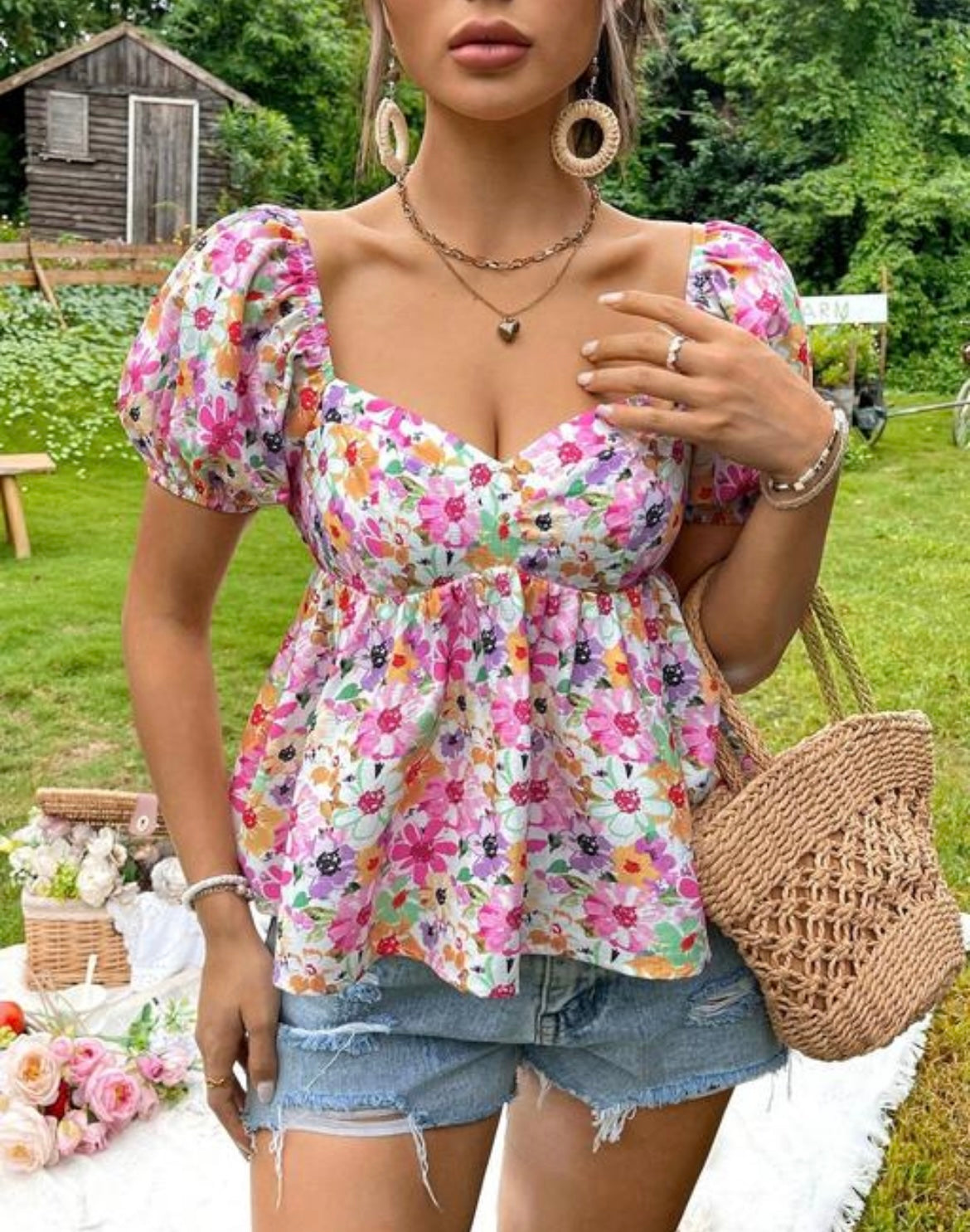 Floral Puff Sleeve Peplum top – Summer Garden Vibes