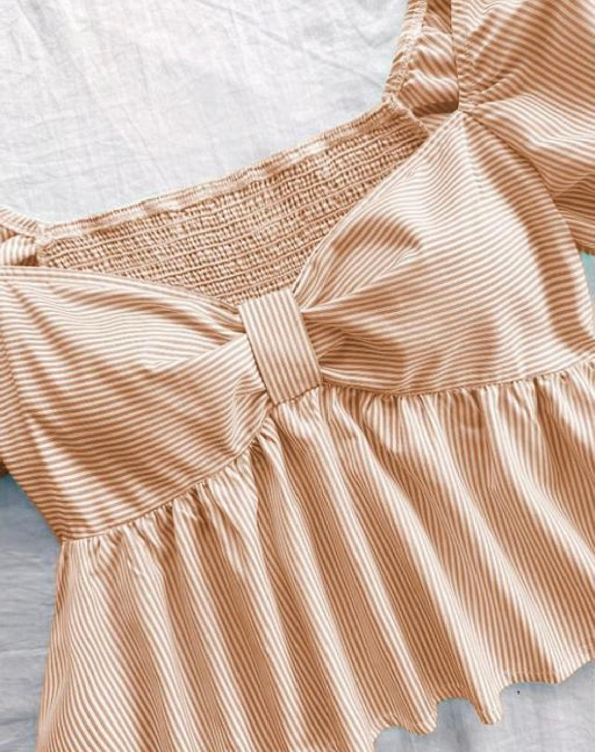 Peach Pinstripe Puff Sleeve Peplum Top with Bow Detail