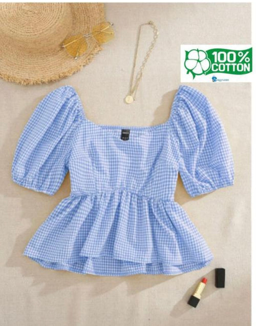 Blue Gingham Cotton Peplum Top with Puff Sleeves