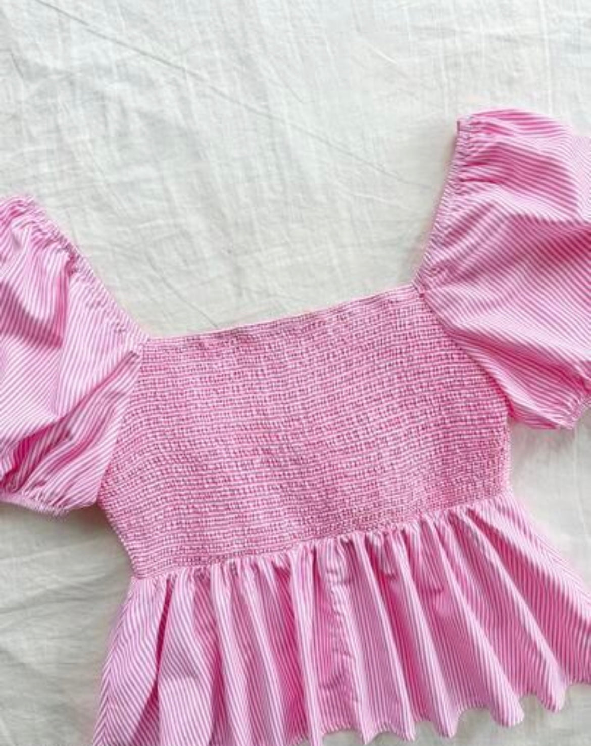 Pink Pinstripe Bow Peplum Top with Puff Sleeves