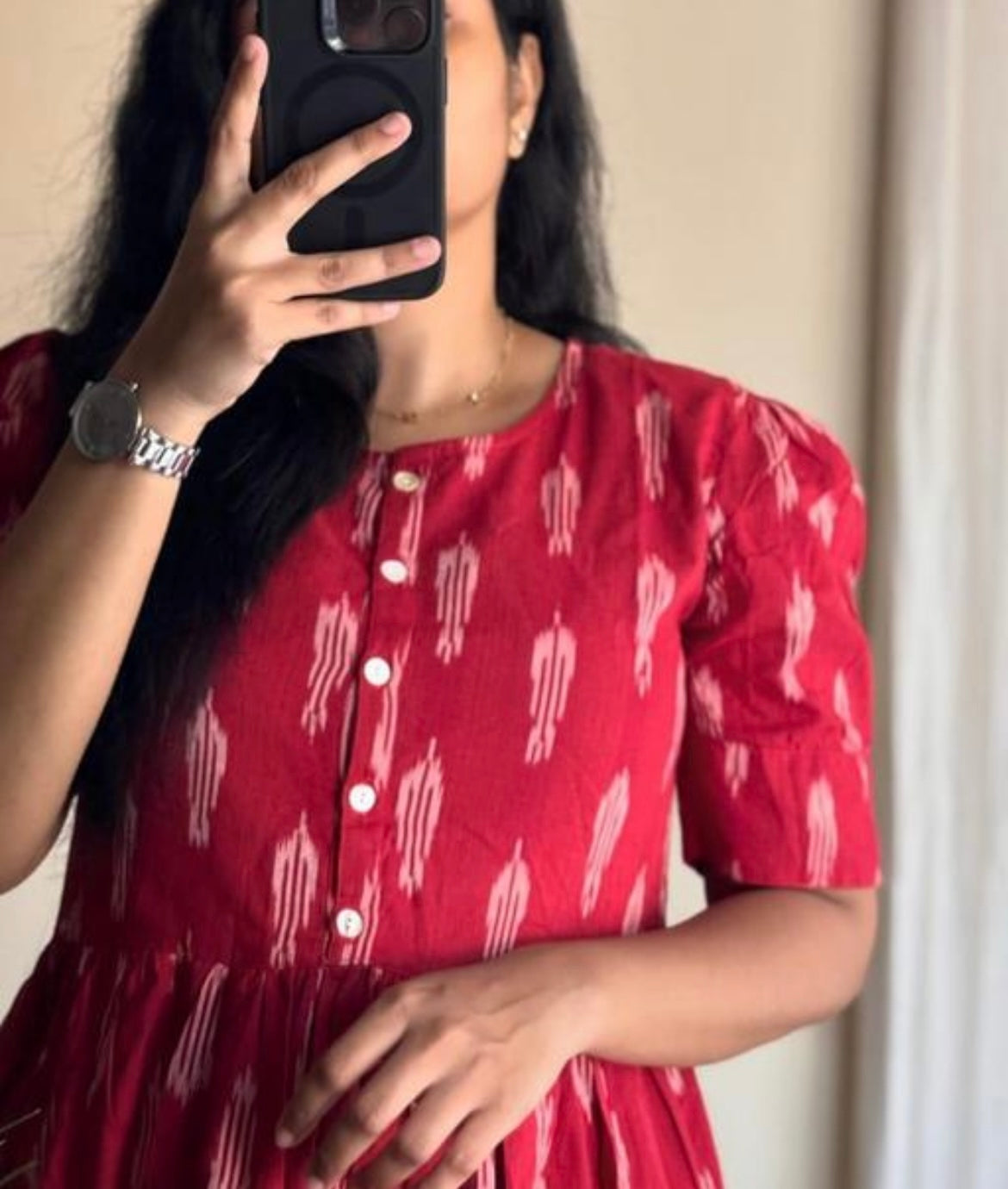 Elegant Ikat Print Cotton Midi Dress – Red Charm Edition