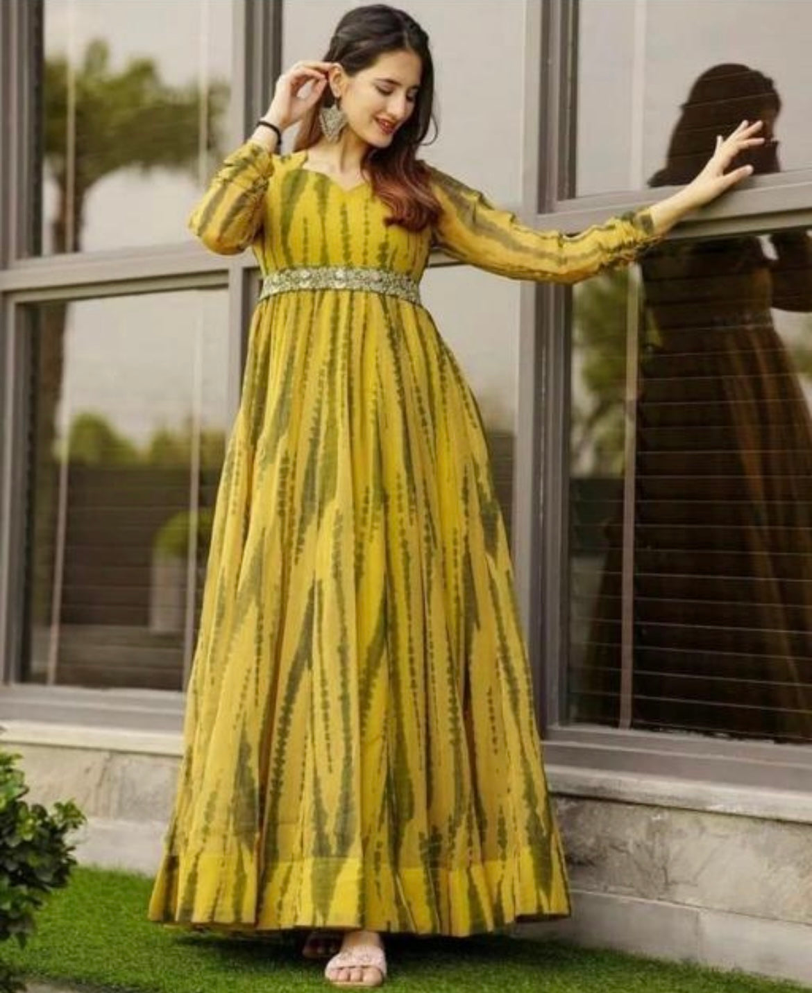 Mustard Green Tie-Dye Flared Maxi Dress with Belted Waist