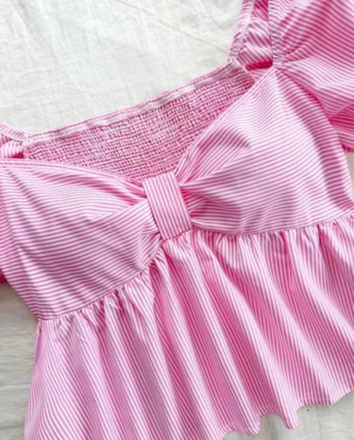 Pink Pinstripe Bow Peplum Top with Puff Sleeves
