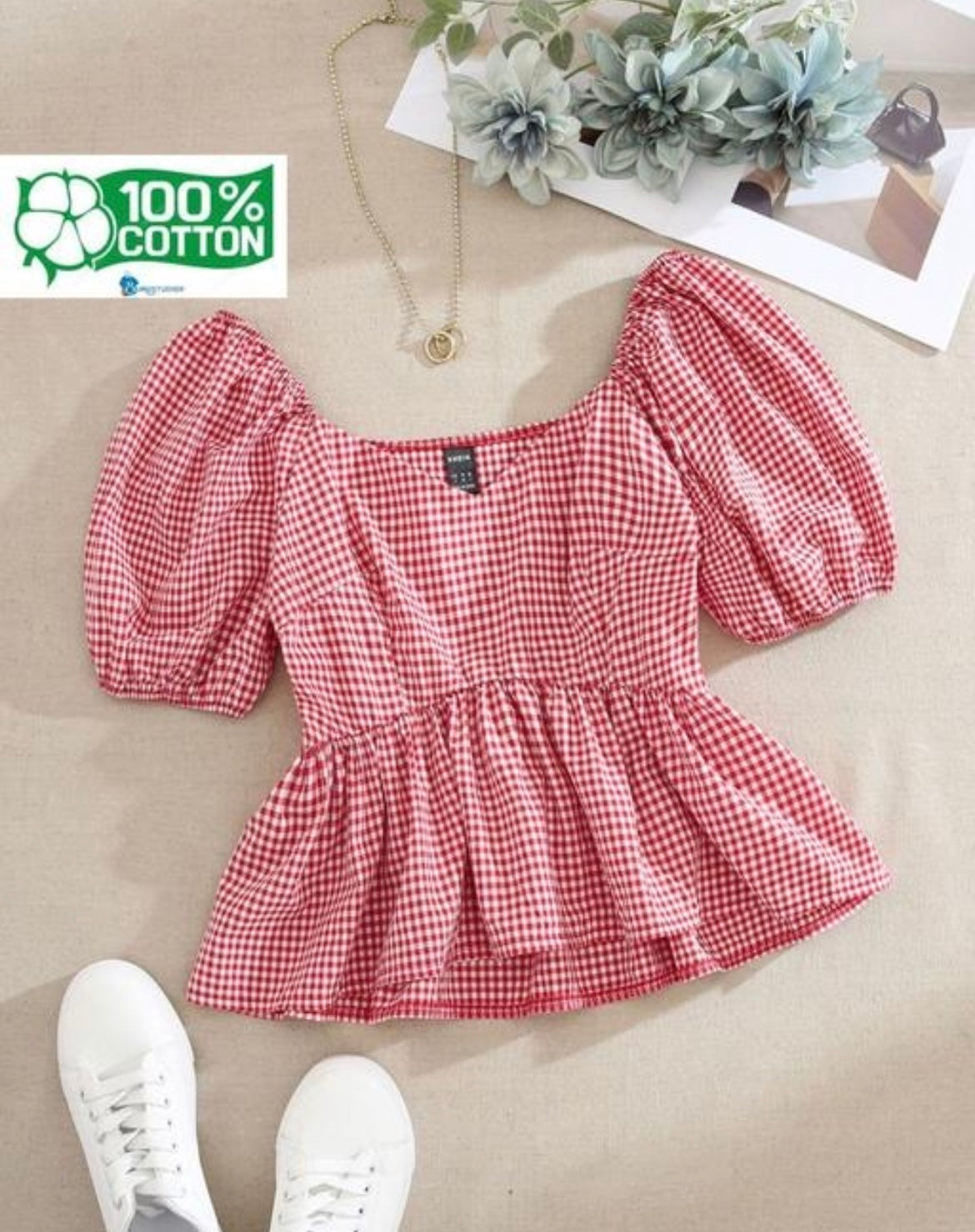 Red Gingham Puff Sleeve Cotton Peplum Top