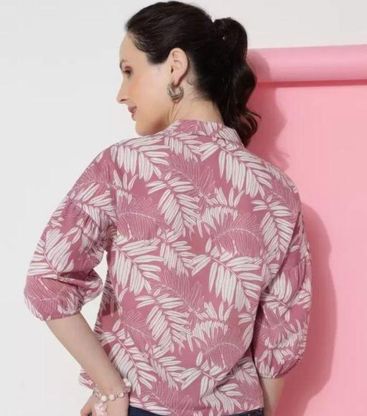 Pink and White Leaf Print Cropped Shirt