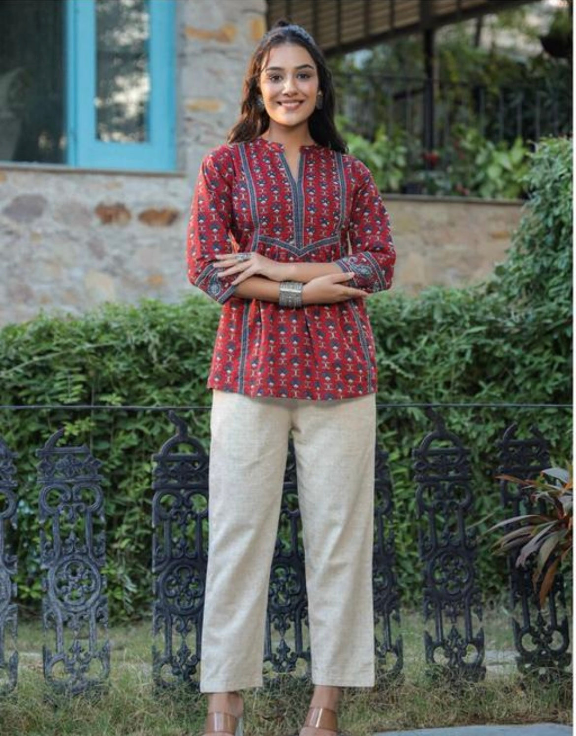 Rust Red Handblock Printed Cotton Peplum Kurti