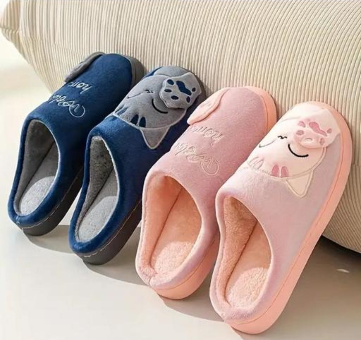 Navy Blue "Welcome Home" Cat Slippers
