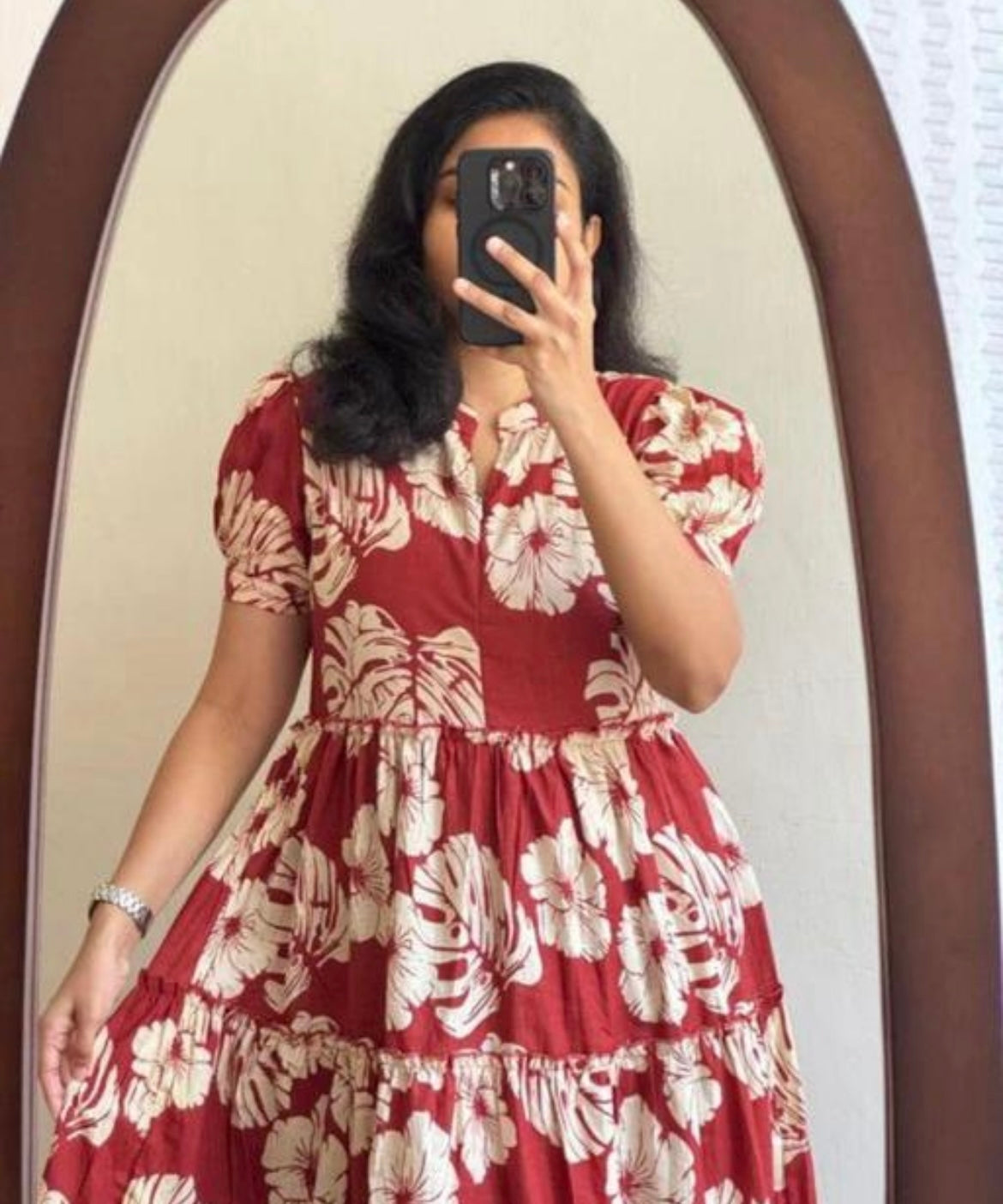 Tropical Red Floral Puff Sleeve Cotton Dress