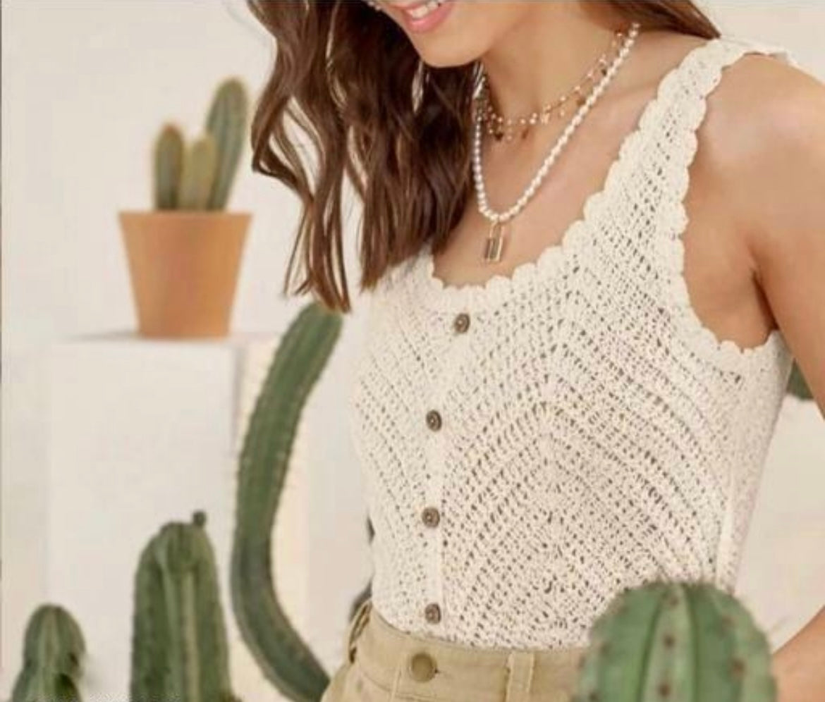 Elegant Button-Front Crochet Sleeveless Top