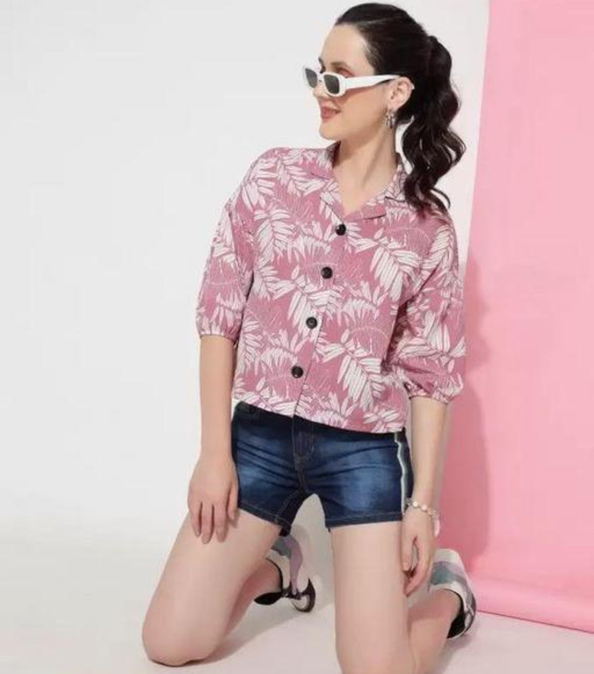 Pink and White Leaf Print Cropped Shirt