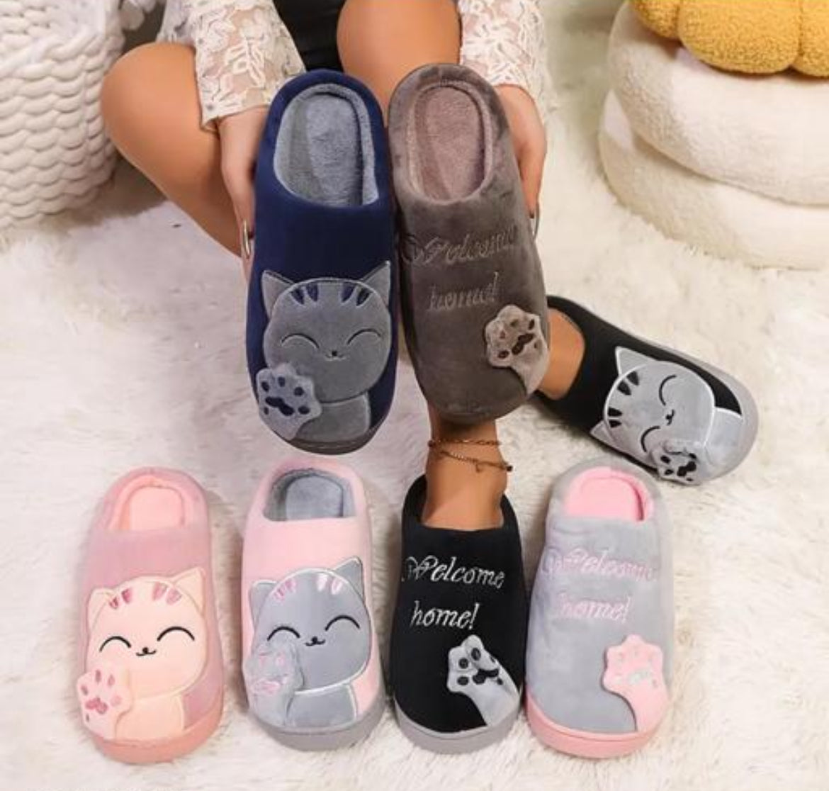 Navy Blue "Welcome Home" Cat Slippers