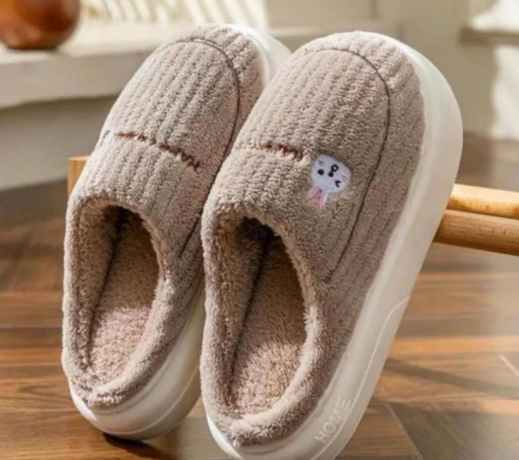 Cozy Brown Platform Slippers with Rabbit Detail