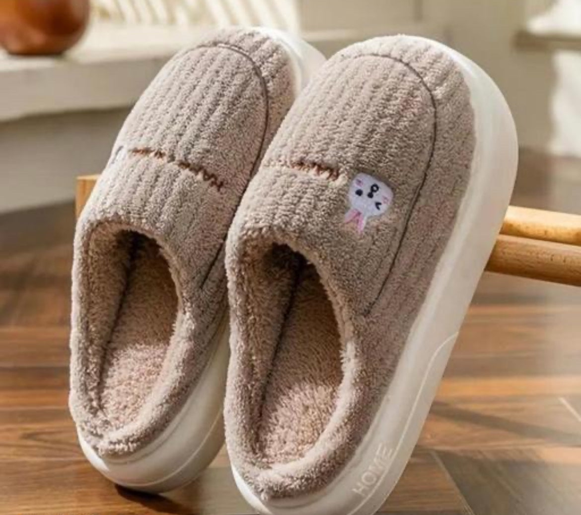 Cozy Brown Platform Slippers with Rabbit Detail