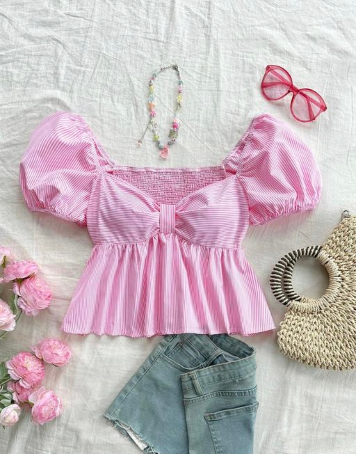 Pink Pinstripe Bow Peplum Top with Puff Sleeves