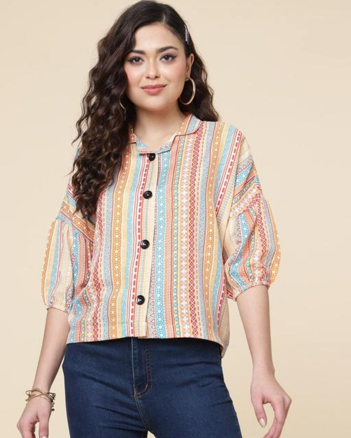 Multicolor Striped and Tribal Print Cropped Top