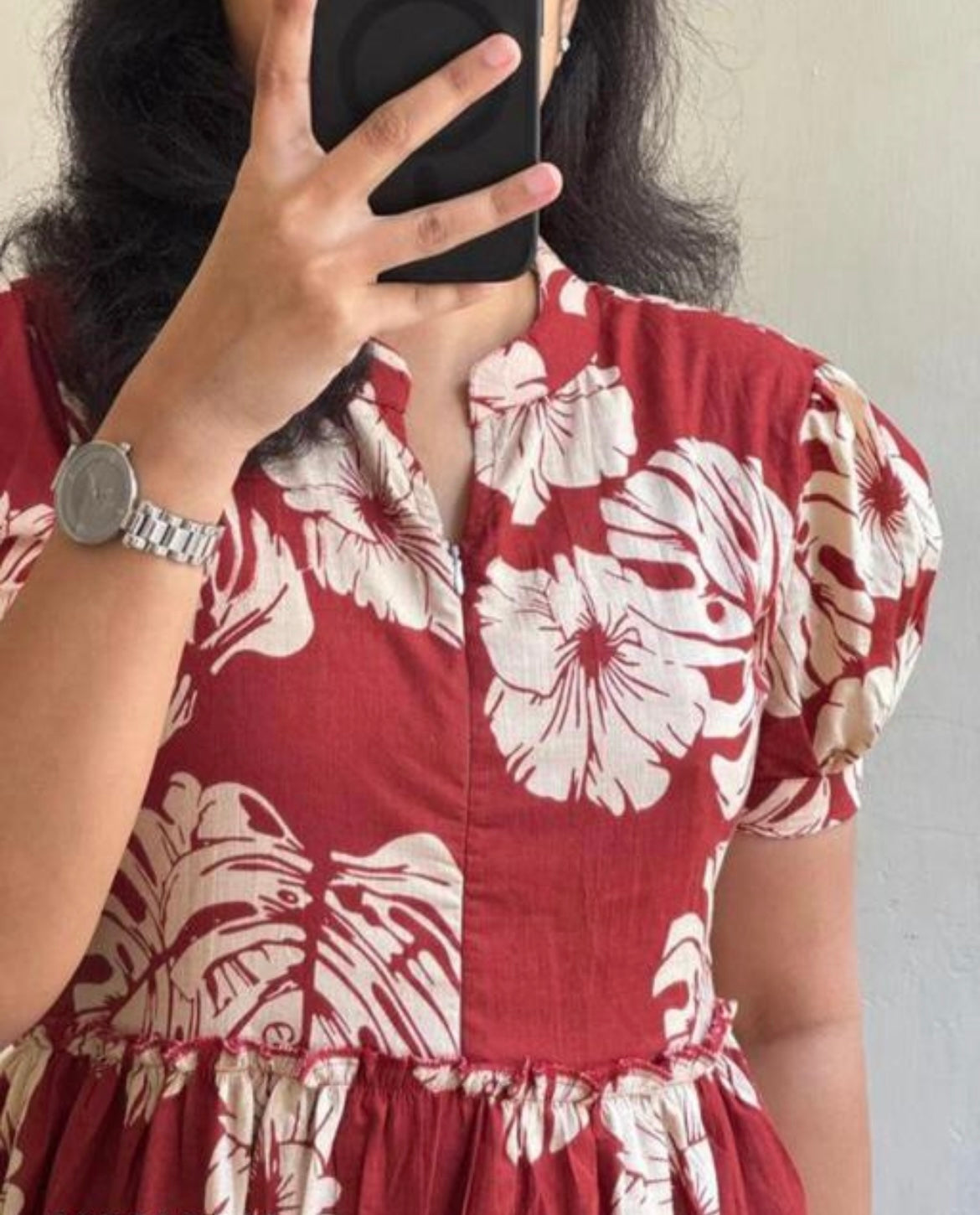 Tropical Red Floral Puff Sleeve Cotton Dress