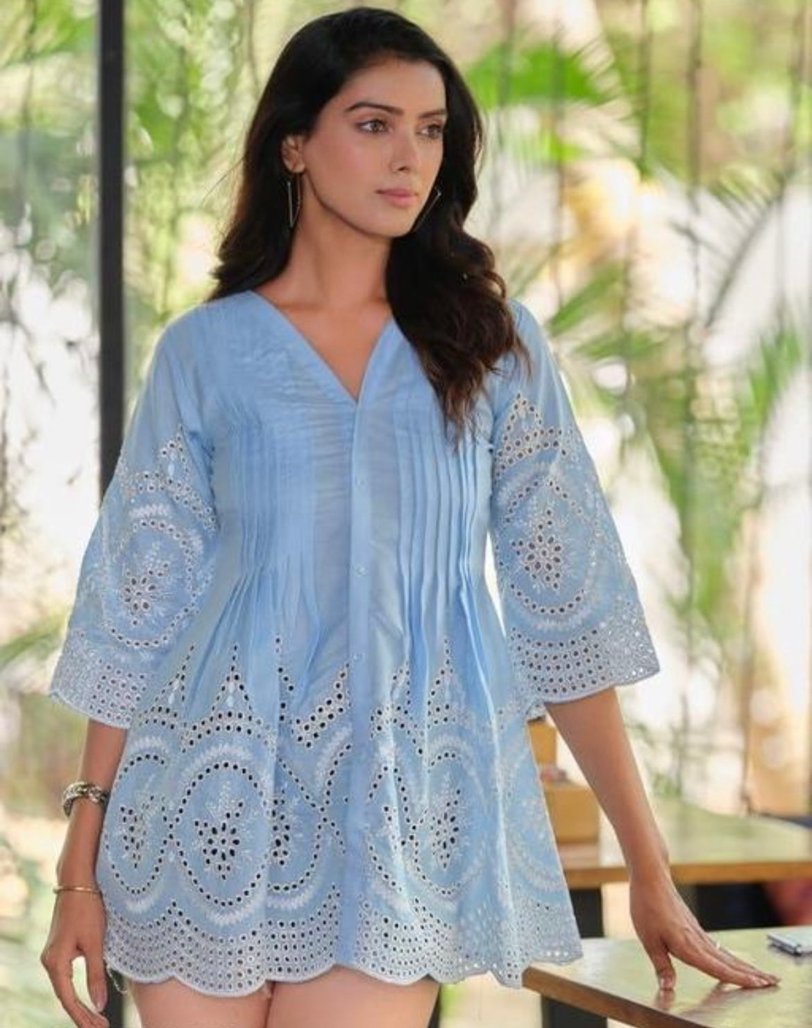 Sky Blue Cotton Eyelet Short Kurti Top
