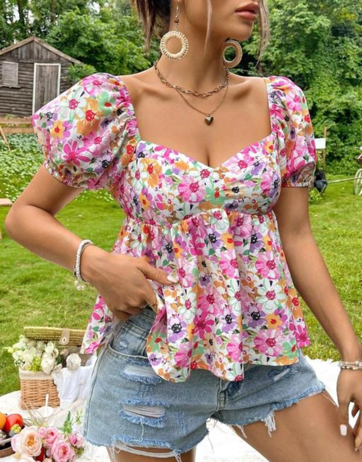 Floral Puff Sleeve Peplum top – Summer Garden Vibes