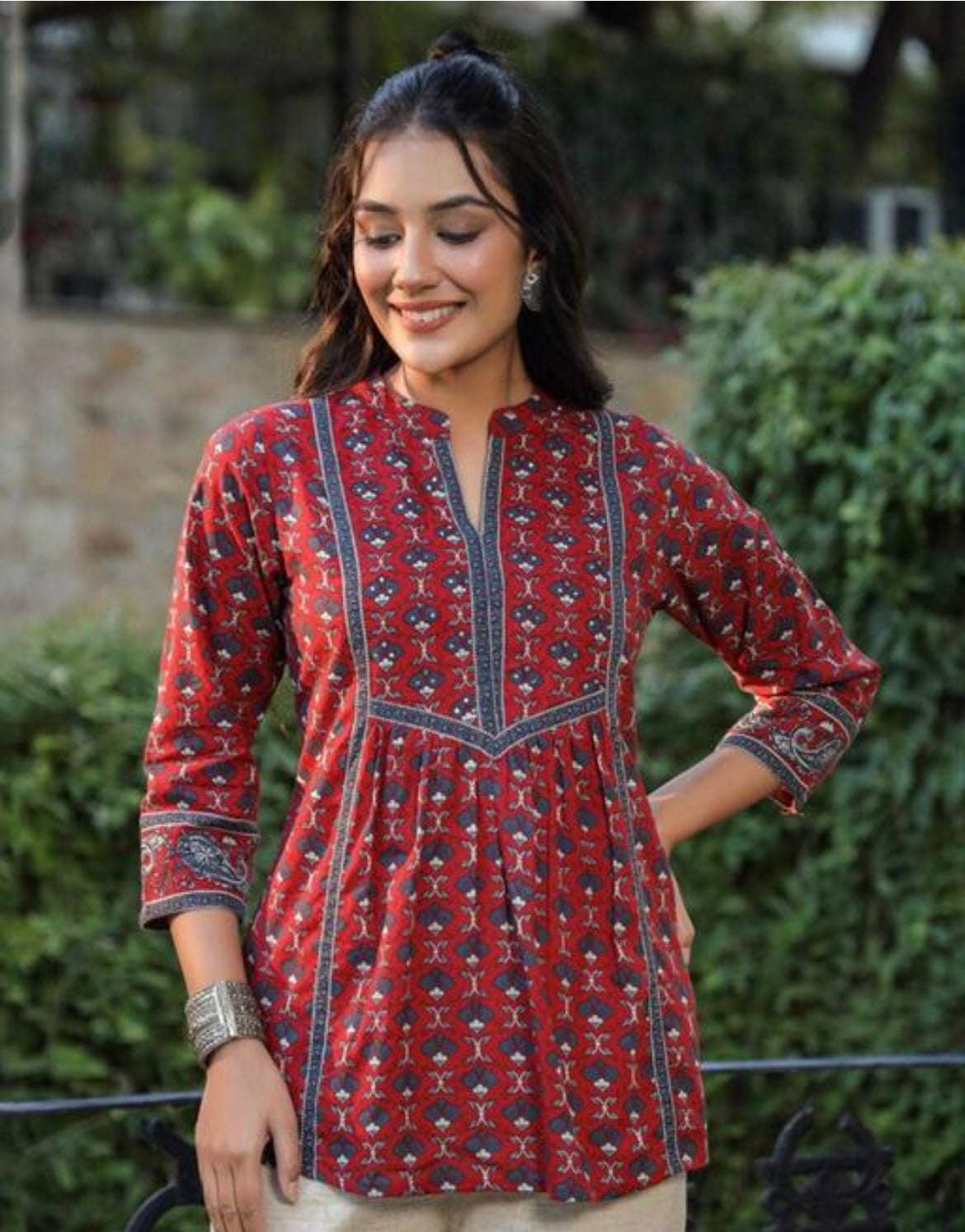 Rust Red Handblock Printed Cotton Peplum Kurti