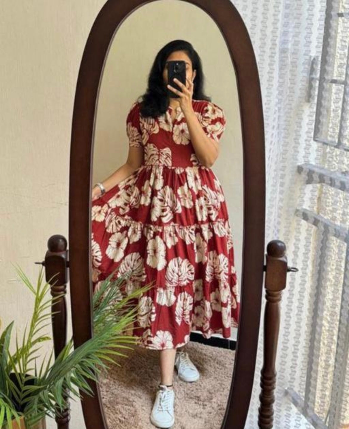 Tropical Red Floral Puff Sleeve Cotton Dress