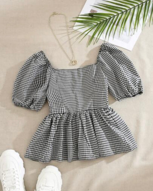 Black Gingham Cotton Puff Sleeve Peplum Top