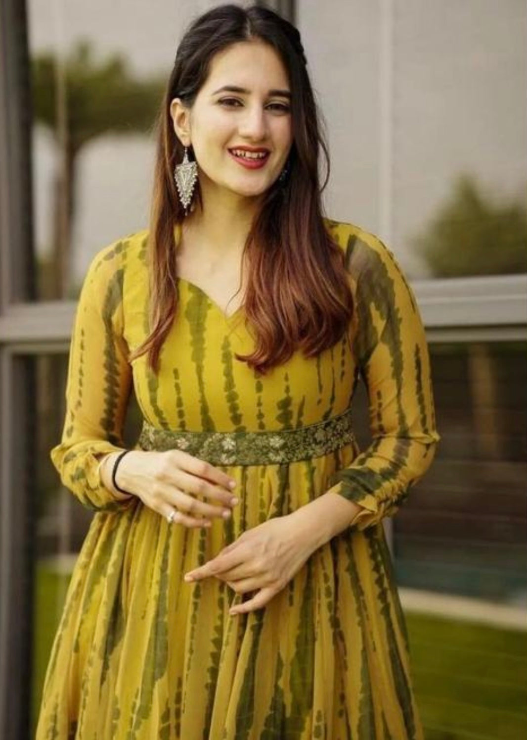 Mustard Green Tie-Dye Flared Maxi Dress with Belted Waist