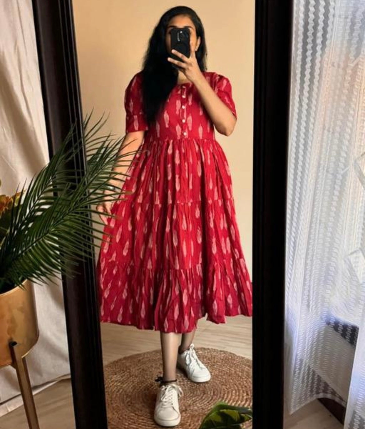 Elegant Ikat Print Cotton Midi Dress – Red Charm Edition