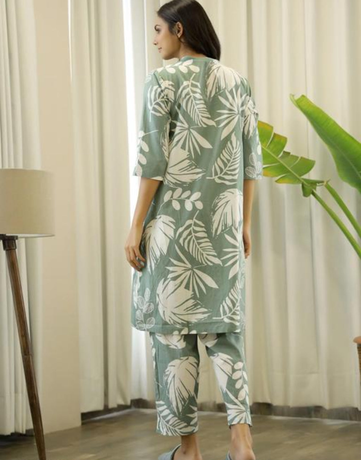 Sage Green and White Leaf Print Three-Piece Night Wear Set