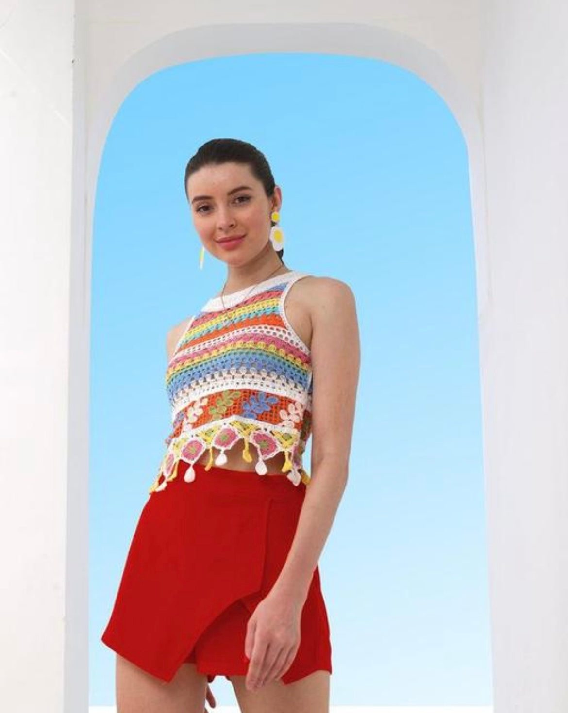 Striped Multicolor Crochet Crop Top with Tassel Hem