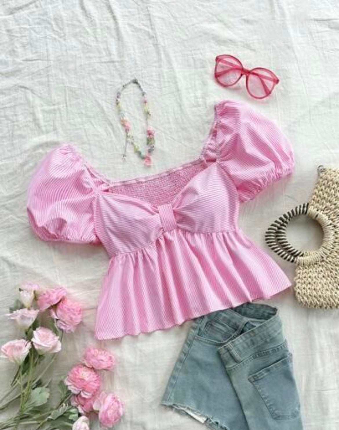 Pink Pinstripe Bow Peplum Top with Puff Sleeves