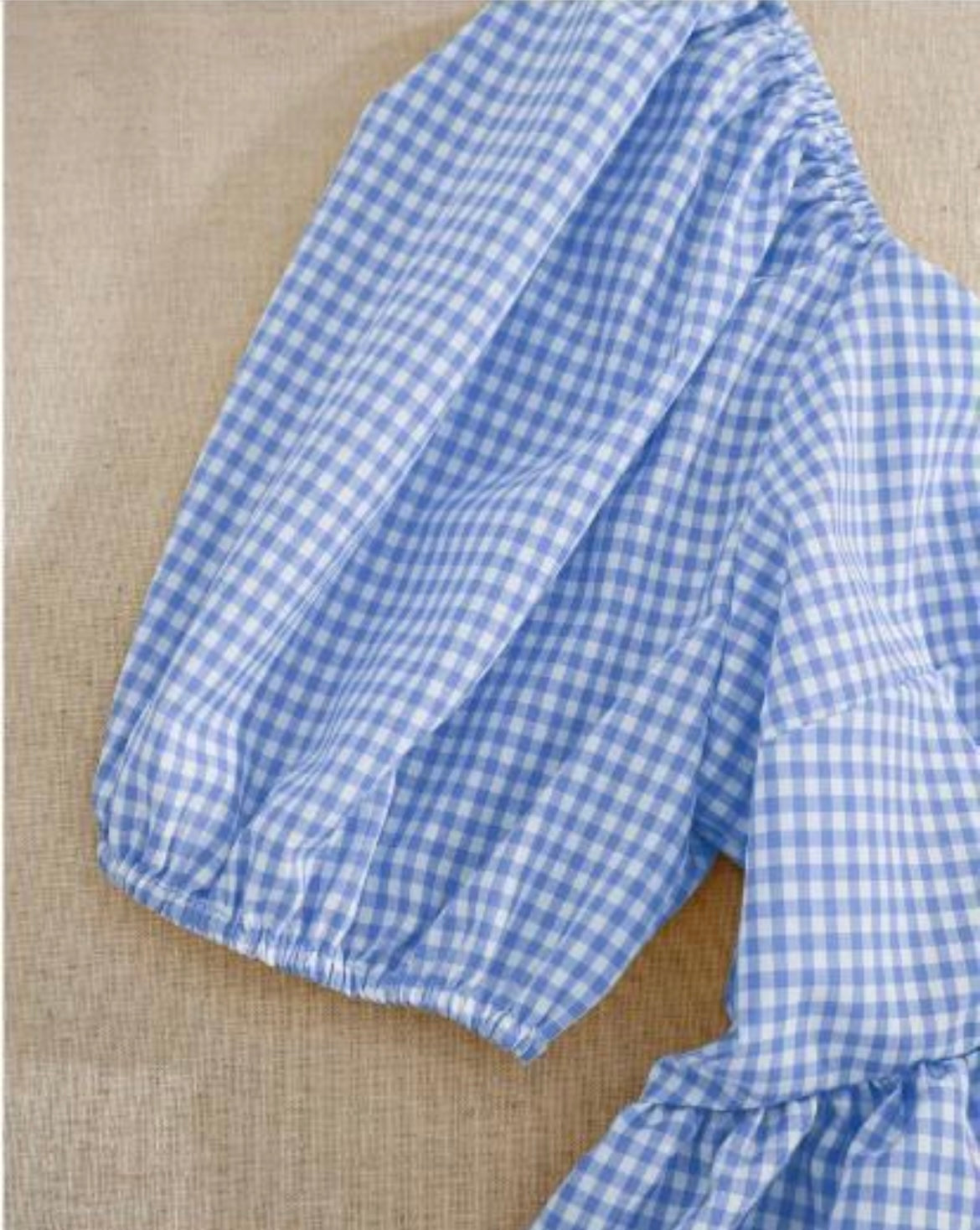 Blue Gingham Cotton Peplum Top with Puff Sleeves