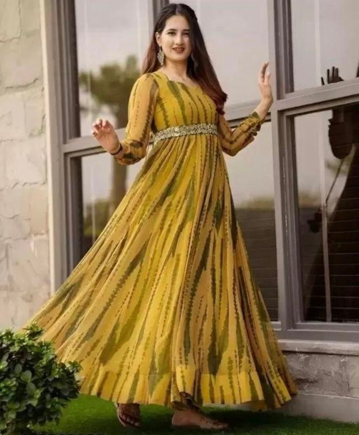 Mustard Green Tie-Dye Flared Maxi Dress with Belted Waist