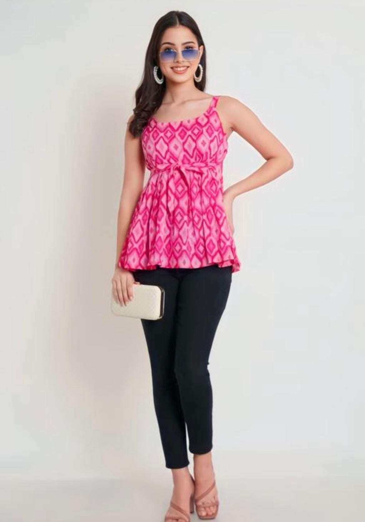 Fuchsia Pink Ikat Peplum Sleeveless Top