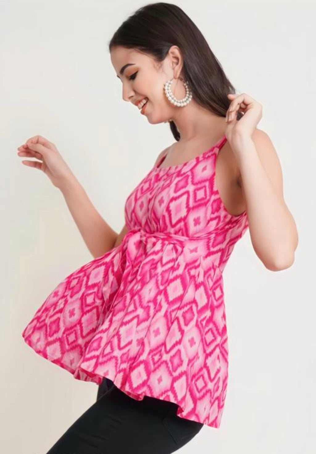 Fuchsia Pink Ikat Peplum Sleeveless Top
