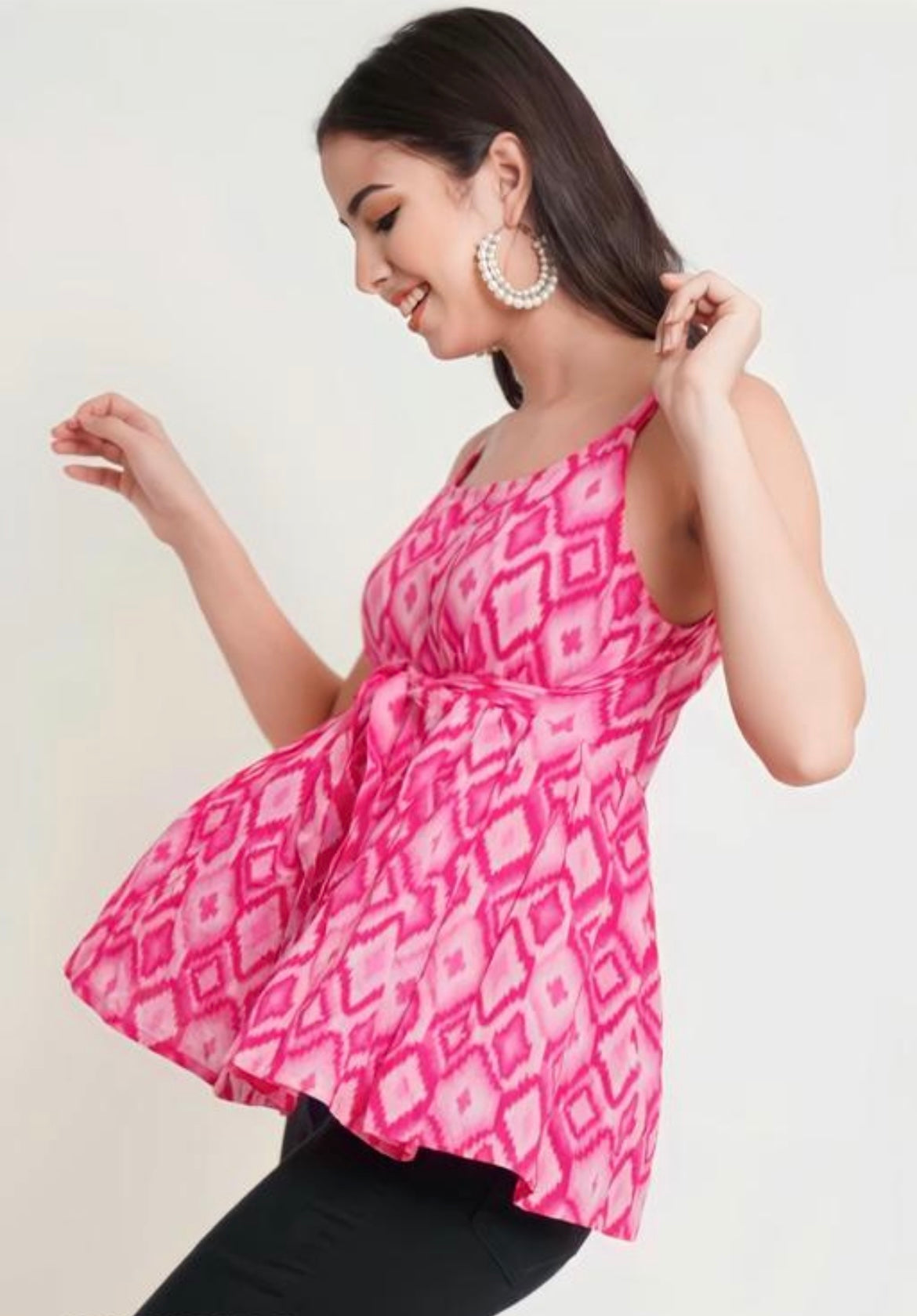 Fuchsia Pink Ikat Peplum Sleeveless Top
