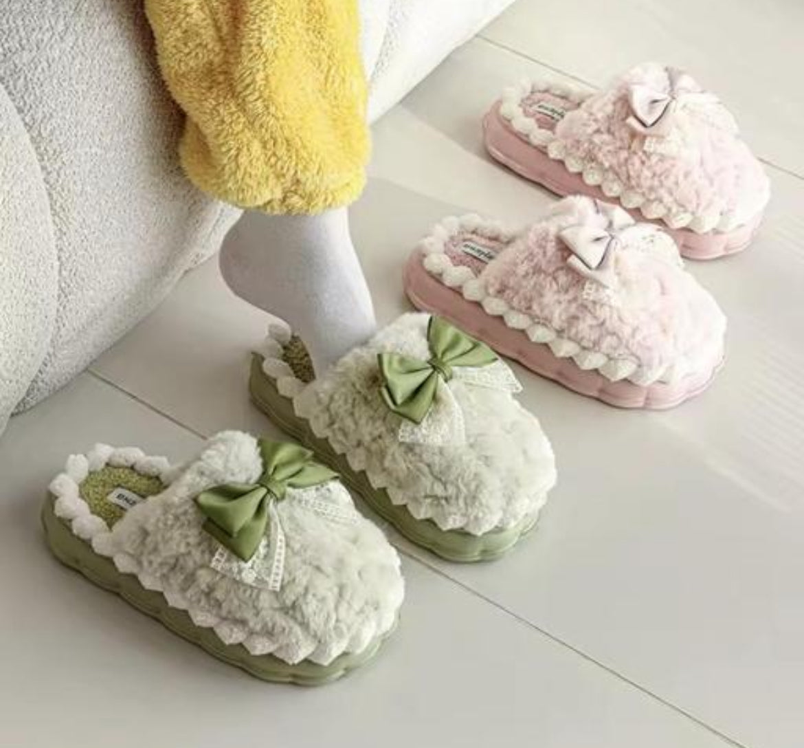 Fluffy Cream and Green Bow Slippers