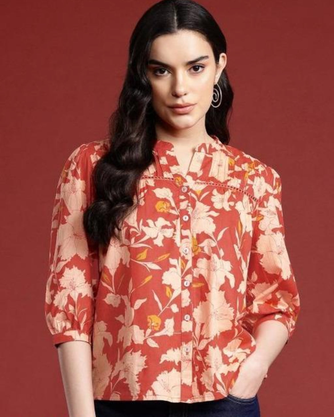 Rust Orange Floral Blouse with Wide-Leg Jeans