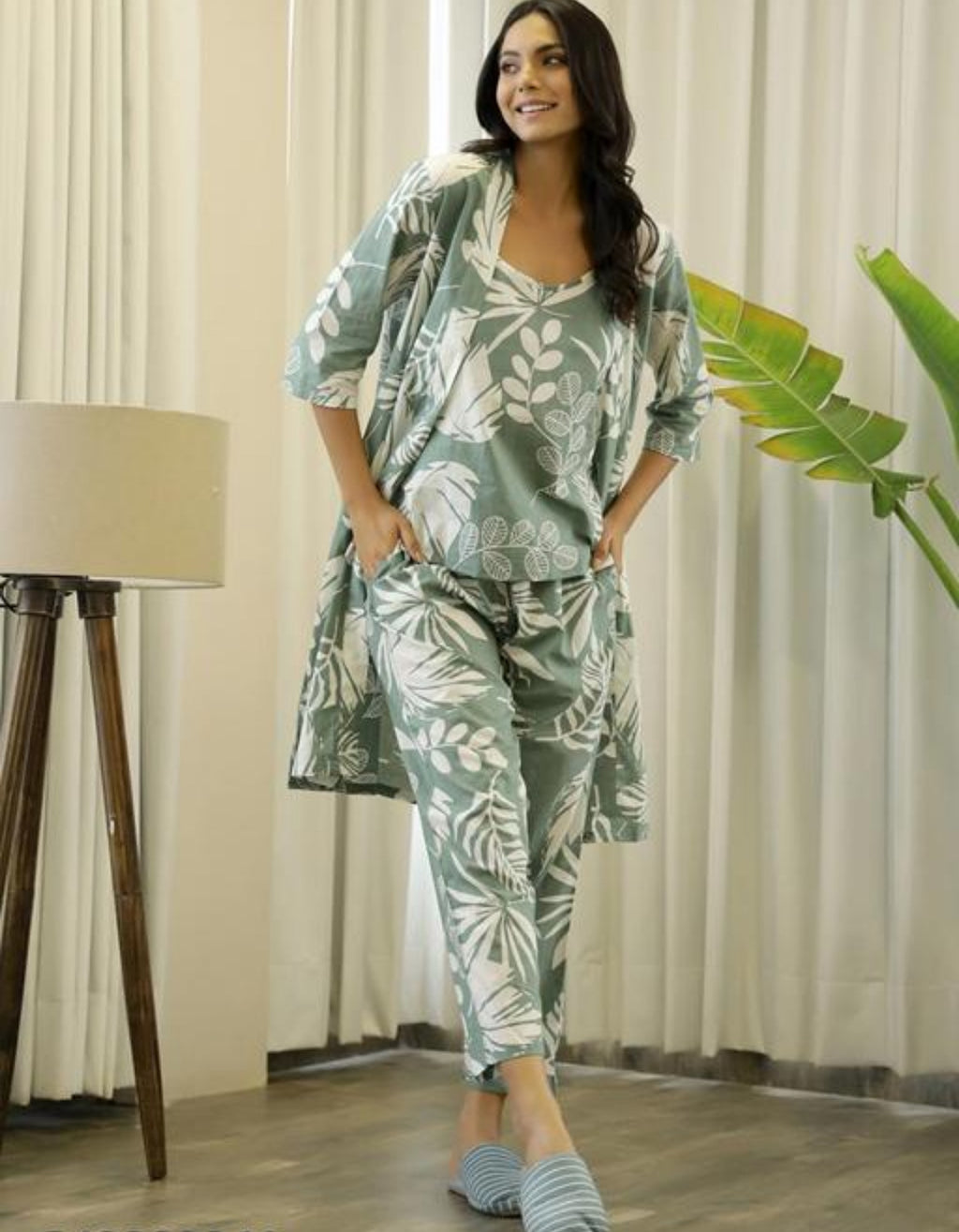 Sage Green and White Leaf Print Three-Piece Night Wear Set