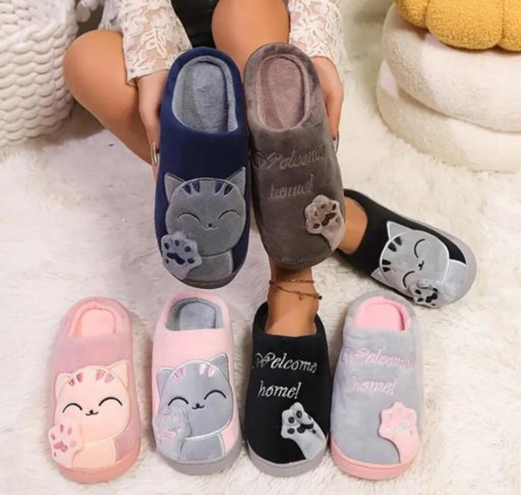 Dark Brown "Welcome Home" Cat Slippers