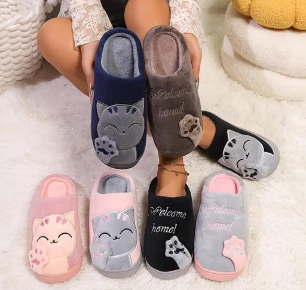 Dark Brown "Welcome Home" Cat Slippers