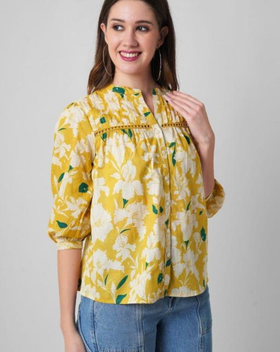 Mustard Yellow Floral Blouse with Pintuck