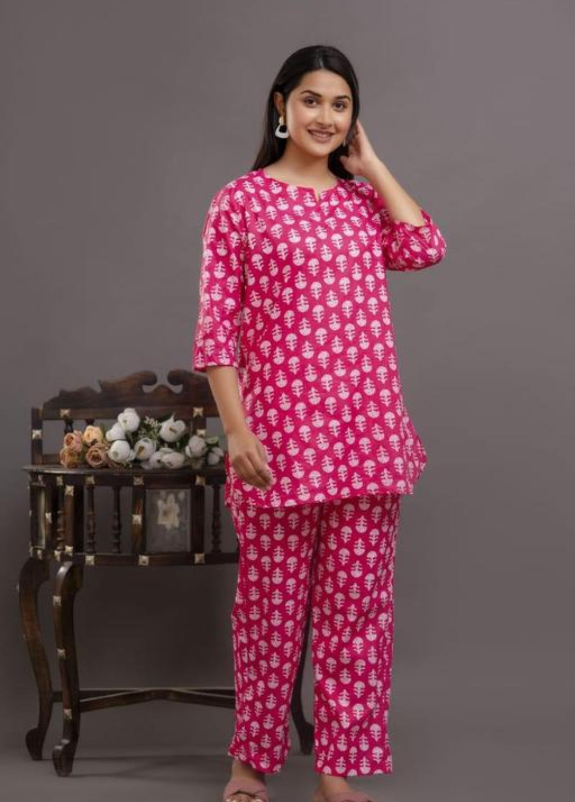 Hot Pink and White Jaipuri Print Pajama Set