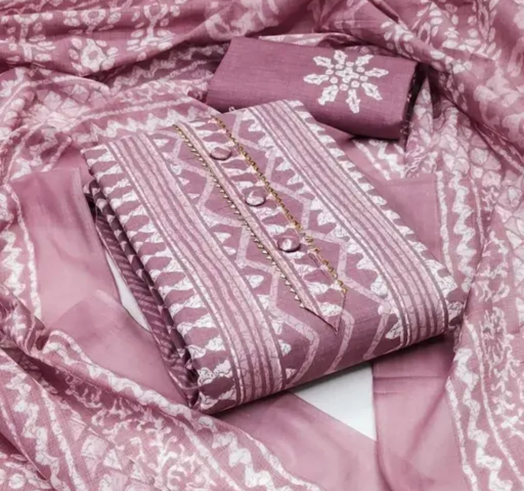 Elegant Mauve Printed Cotton Suit Set with Embroidered Neckline